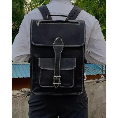 Svart handgjorda getläder Resor Casual Laptop Messenger Ryggsäck Axelväska