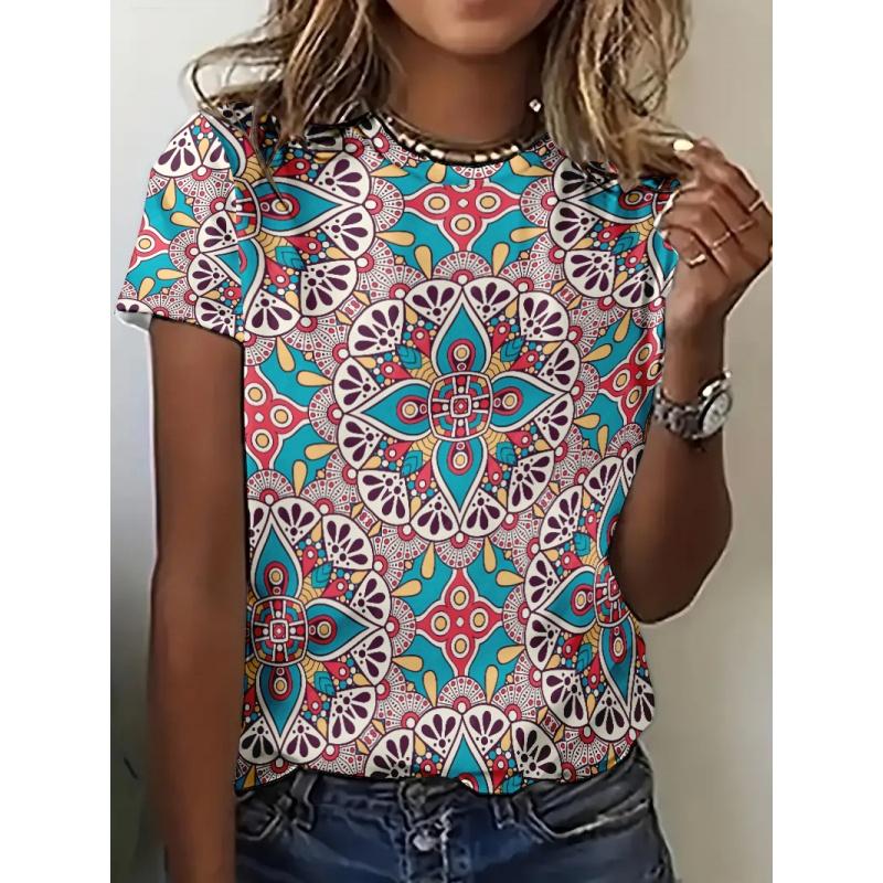 Colorful Retro Pattern T Shirt For Women Exquisite Ethnic 3d Printed Short Sleeves Tees Summer Casual Loose T-shirts O-neck Tops