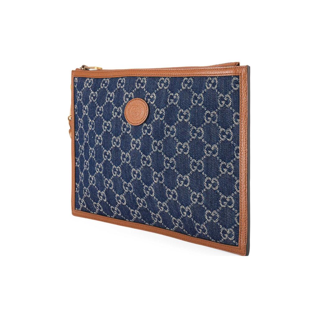 Gucci Double G Series Logo Interlocking Double G Emblem Denim And Leather Clutch Men clutch Blue Brown 672953-2KQGT-8375
