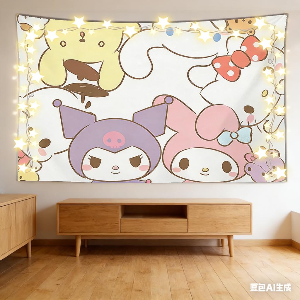 Kawaii Cartoon Characters Tapestry Kuromi  My Melody Group Print Polyester Wall Hanging Sweet Pink Themed Home Decor for Bedr