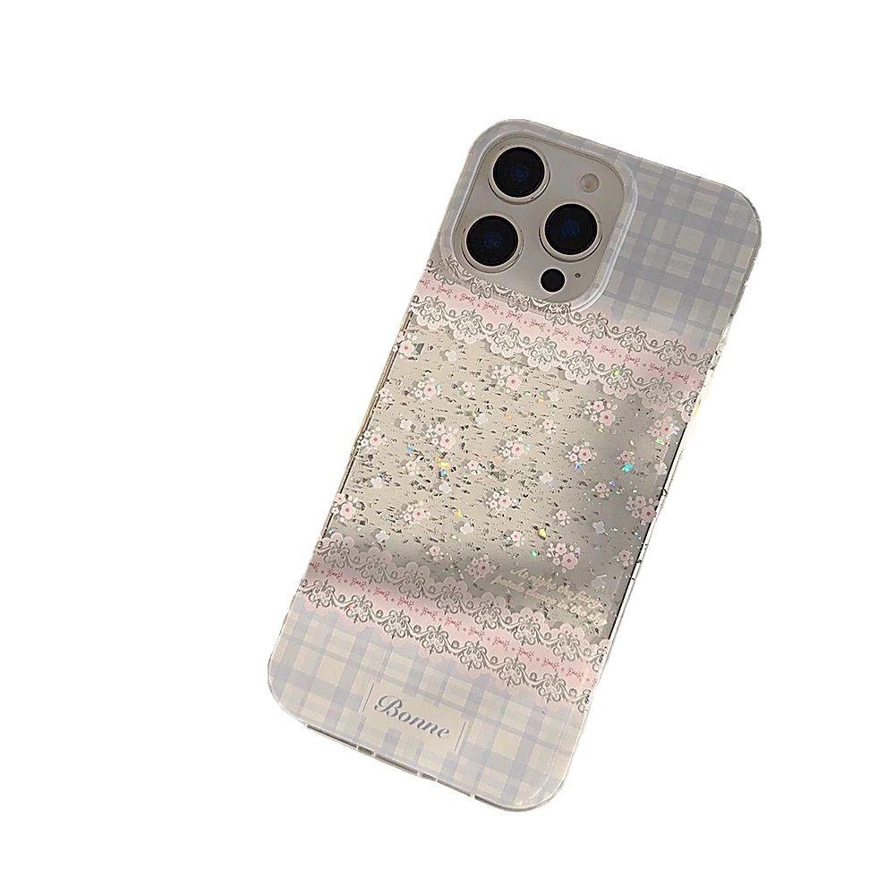 Spring and Summer Pink and Blue Floral Application Apple 17 Mobile Phone Case iPhone16Pro Glitter IMD15 Plaid 13/12/14