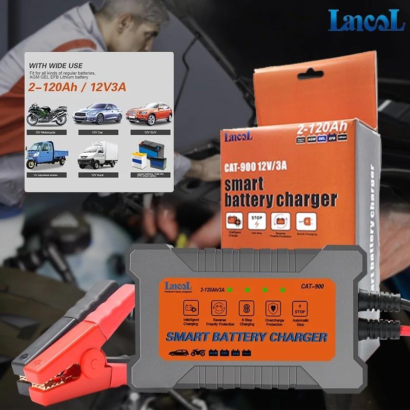 LANCOL CAT900 Tragbares Autobatterieladegerät 12V 3A Vollautomatisches Intelligentes Autobatterieladegerät Reparatur Wartungsgerät Nass Trocken Blei-Säure