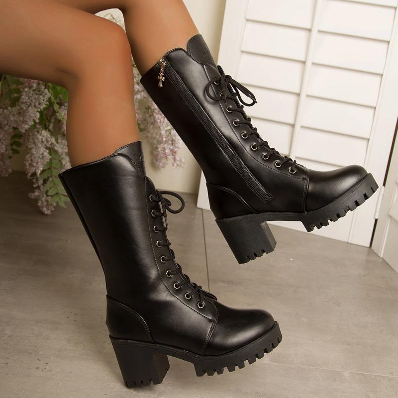 Fashionable And Versatile Riding Boots Mid-Calf Women'S Boots For Autumn And Winter Thick Soles Round Toes And Chunky Heels