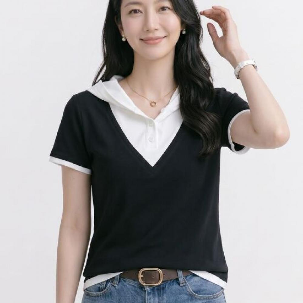 Navava Women S caSual Color Blocked Hooded ShorT Sleeve T ShirT nT3336