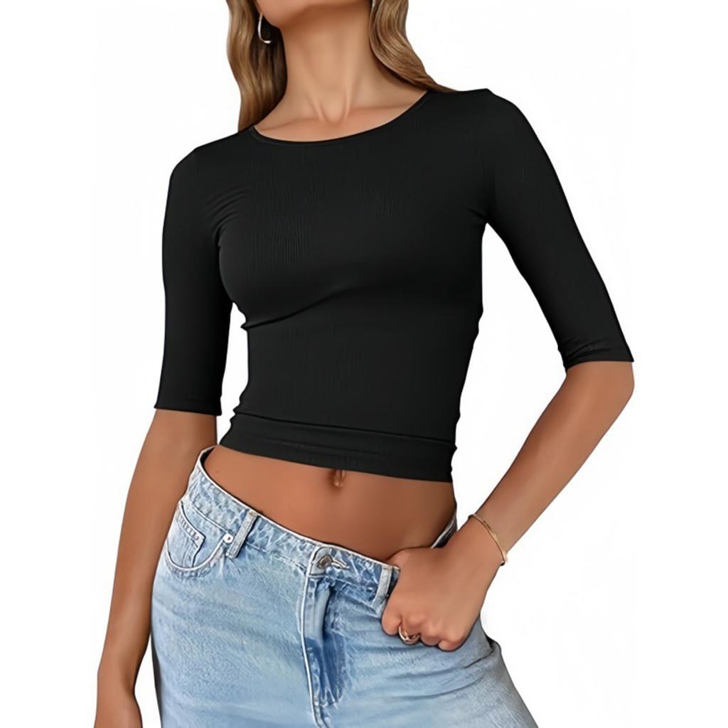 Women's Fashion Slim Navel T-shirt Short-sleeved Bottoming Shirt Solid Color Tops