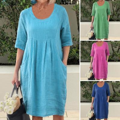 Women Midi Dress O-neck Half Sleeve Casual Dress Solid Color Loose Fit Oversized Dress Streetwear