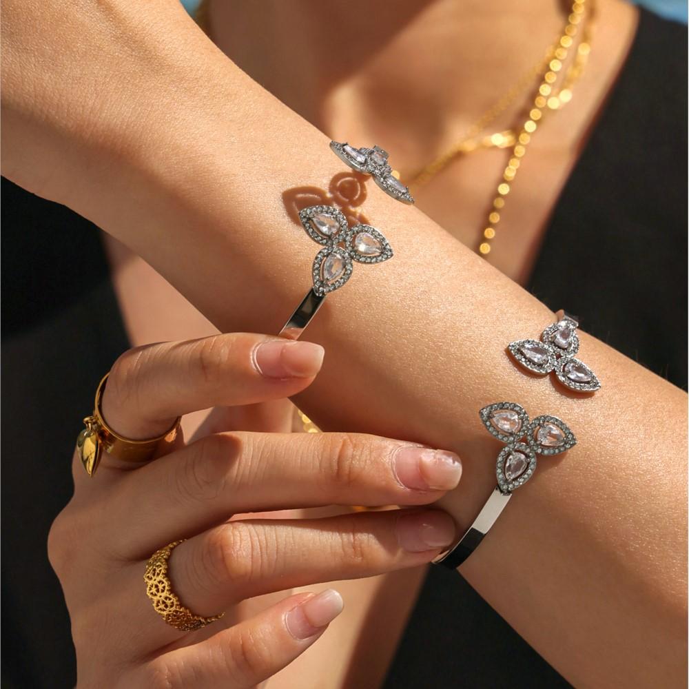 Shiny Zircon Flower Bracelets Cuff Bangles In Stainless Steel 18k Gold Plated Non Tarnish Openable Bracelet Bangle For Women