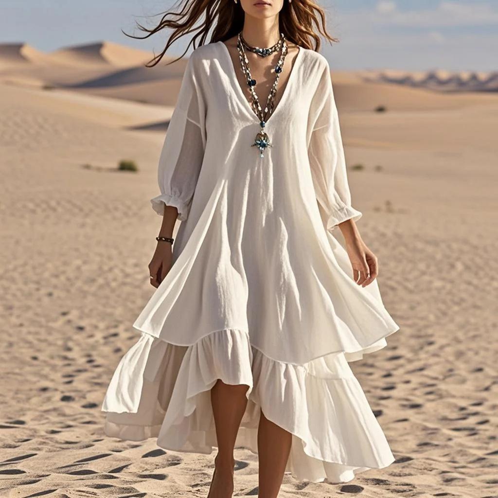 Abito da donna alla moda e casual in cotone e lino a tinta unita