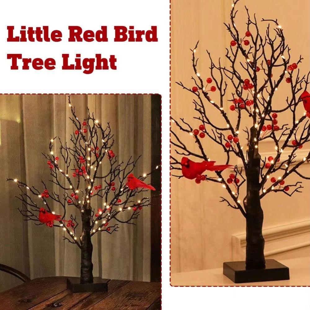 Red Berry Decoration LED Birch Tree Light Bird Twinkle Tree Lamp Christmas Decoration