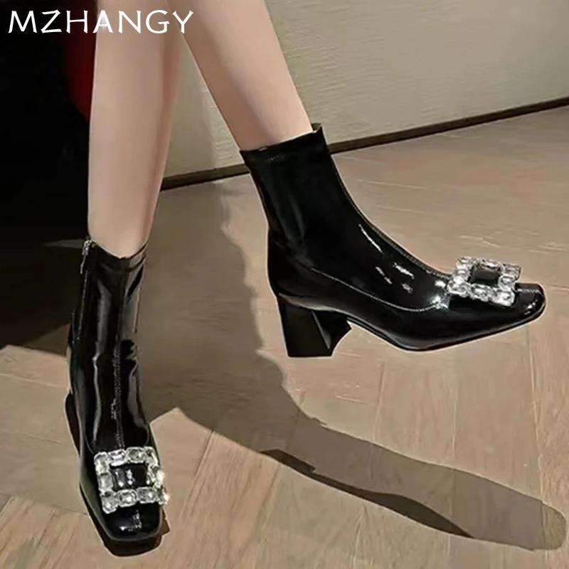 Fashion Women Crystal Chunky Ankle Boots High Heels Suede Square Toe Shoes Elegant 2024 Trend Snow Boots Pumps New Mujer Chelsea Boots