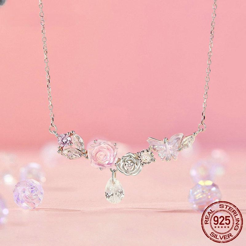 S925 Sterling Silver Romantic Flower Necklace Fantasy Butterfly Neck Chain for Women  Valentine's Day Fine Jewelry Gift