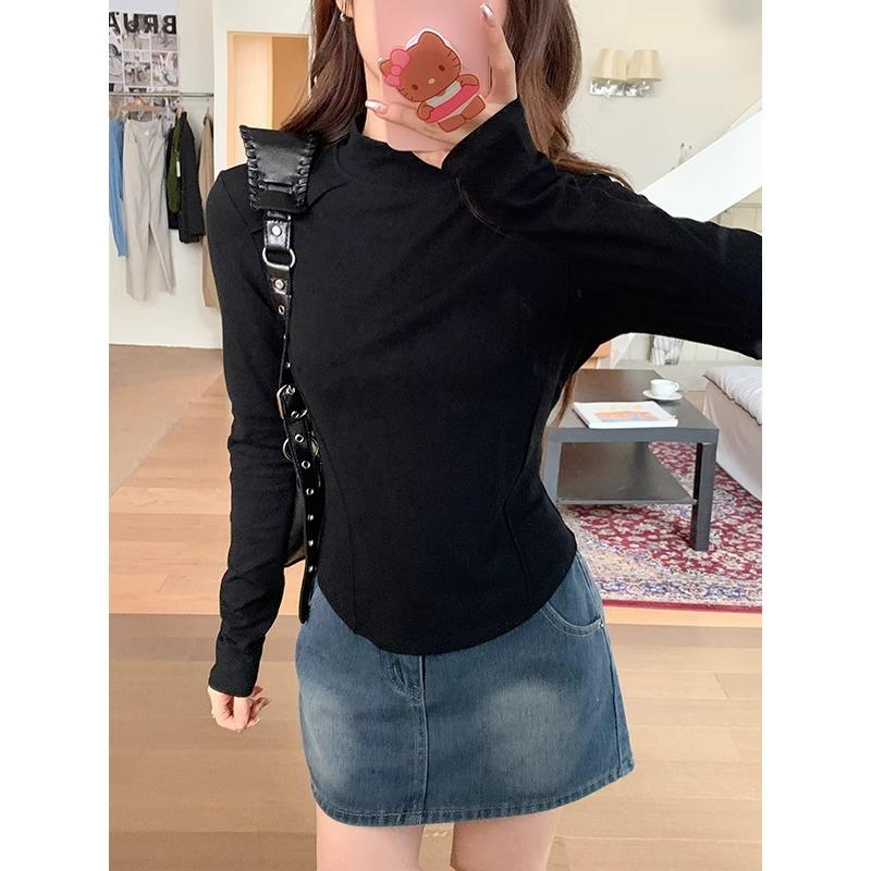 Half turtleneck long-sleeved bottoming shirt T-shirt for women in autumn and winter new fishbone slimming plus velvet inner mid-collar irregular top