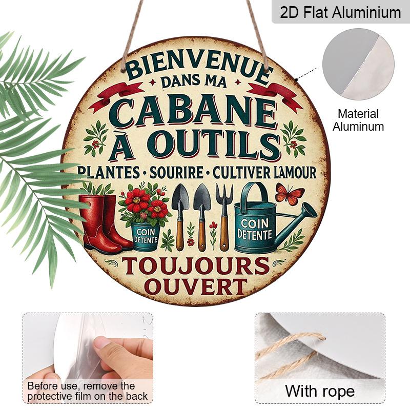 2D Flat, 1pc 7.87x7.87 Inch Round French Aluminum Sign, Vintage Decorative Plaque with "Welcome To My Tool Shed" Design, Garden Decor Sign, Suitable