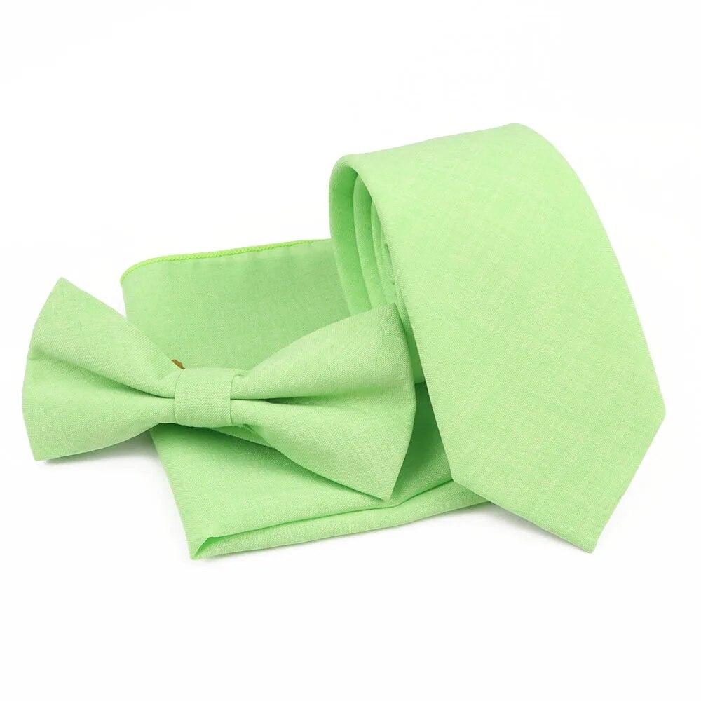 Men Fashion Solid Color Cotton Tie Bowtie Handkerchief Set Wedding Party Butterfly Necktie