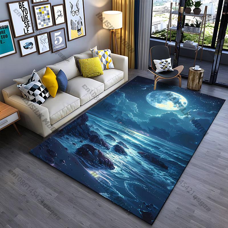 Moonlit ocean under night sky carpet Yoga living room room decor children's crawling mat doormat area rug games mat
