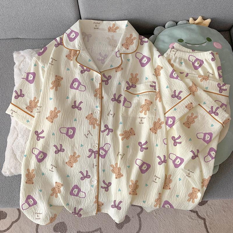 Spring Japanese Cute Fun Cartoon Bear Cloud Cotton Pajamas Women S Casual Comfortable Short-Sleeved Suit M