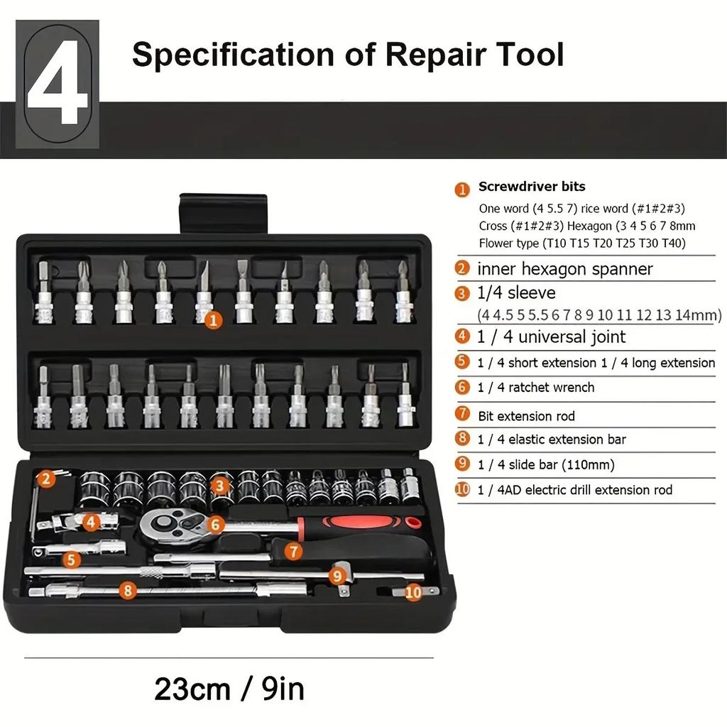A 46-piece Set of Household Auto Repair Combination Tools, Xiaofei 1/4 Ratchet Wrench Socket Screwdriver Hex Socket Toolbox