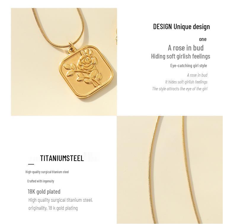 French Retro Rose Pendant Necklace - Gold Plated Stainless Steel Square Design with Clavicle Chain