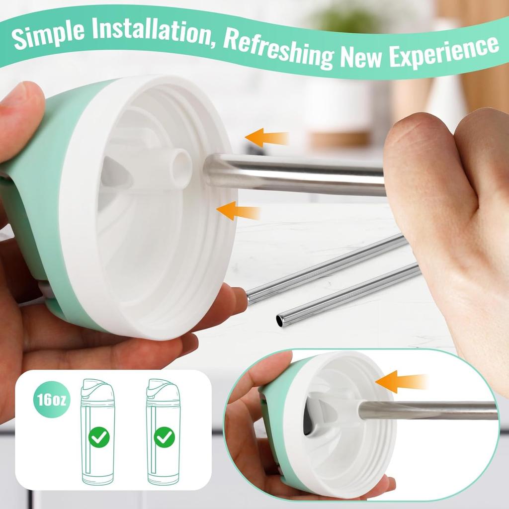 6 PCS Metal Straw Replacement for Owala Freesip 16oz Kids Water Bottle, Reble Stainless Steel Straws with 2 Cleaning Brushes, BPA-free Dishwasher
