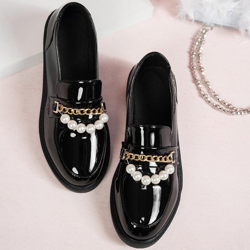Mode Damen Slipper Perle Metallkette Damenschuhe Frühling Herbst Schwarz Plateau Schuhe Damen Mode PU Leder Freizeitschuhe Slipper