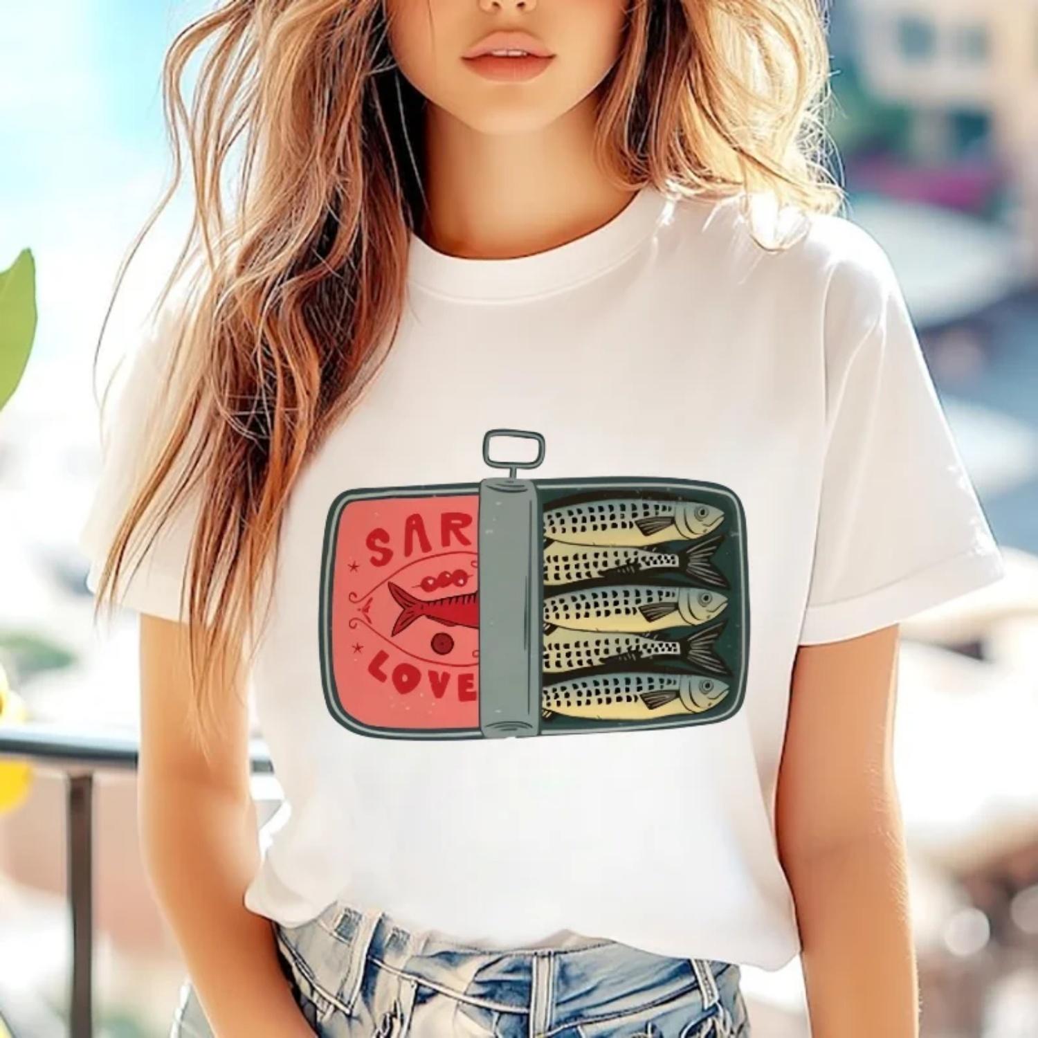 

Sardine Pattern Printed Women s Short Sleeve Basic 90 s Cartoon Cute Style Summer New Regular Top O Neck Women s Casual T-Shirt XXXXXL білий