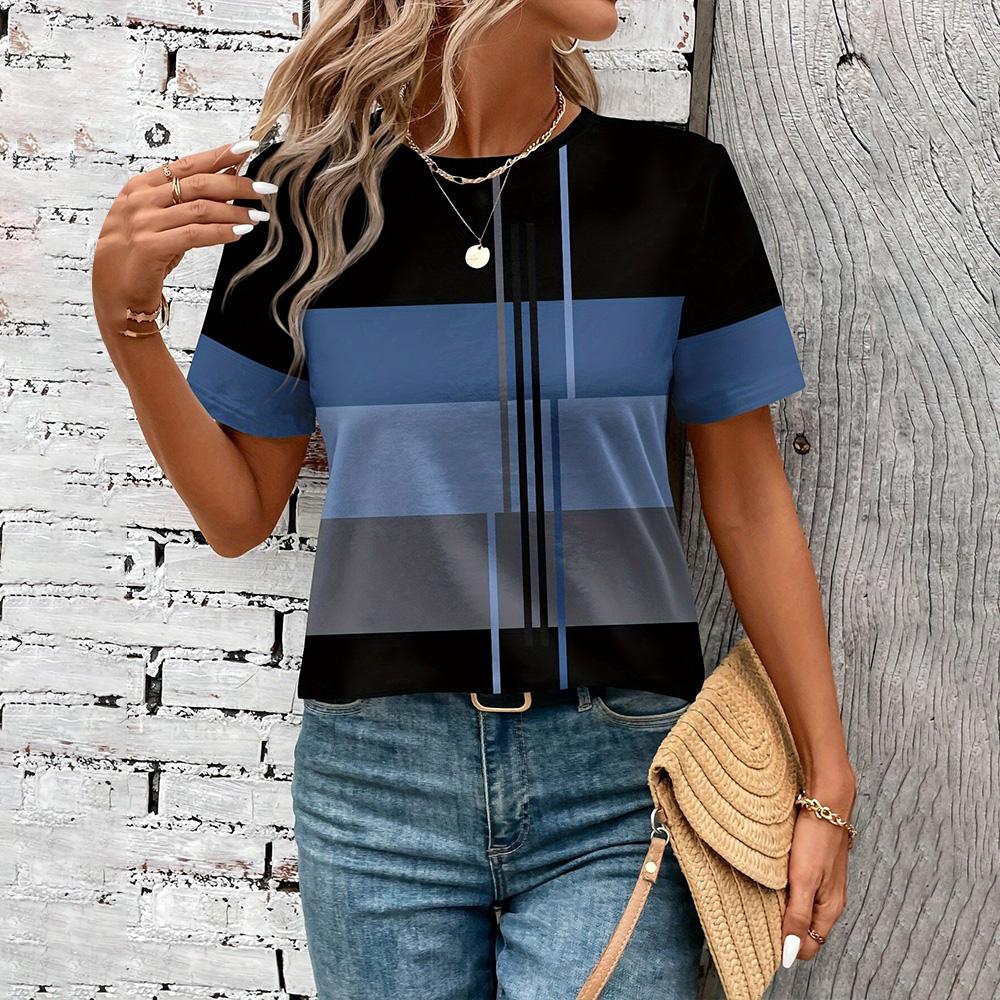 

Женские футболки с ярким полосатым 3D-принтом, женская повседневная футболка с круглым вырезом и короткими рукавами, уличная футболка, топ, женская одежда L