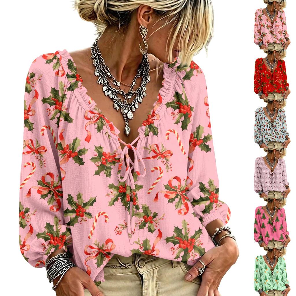 Women's Christmas Print Long Sleeve V-Neck Top with Ruffle Trim and Front Tie