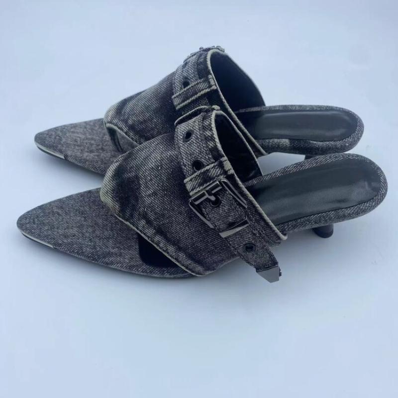 Fashion Brand Blue Denim Belt Buckle Hollow Out Fashion Slippers Summer New Comfortable Women's 5.5cm Low Heel Commuting Sandals Size 43