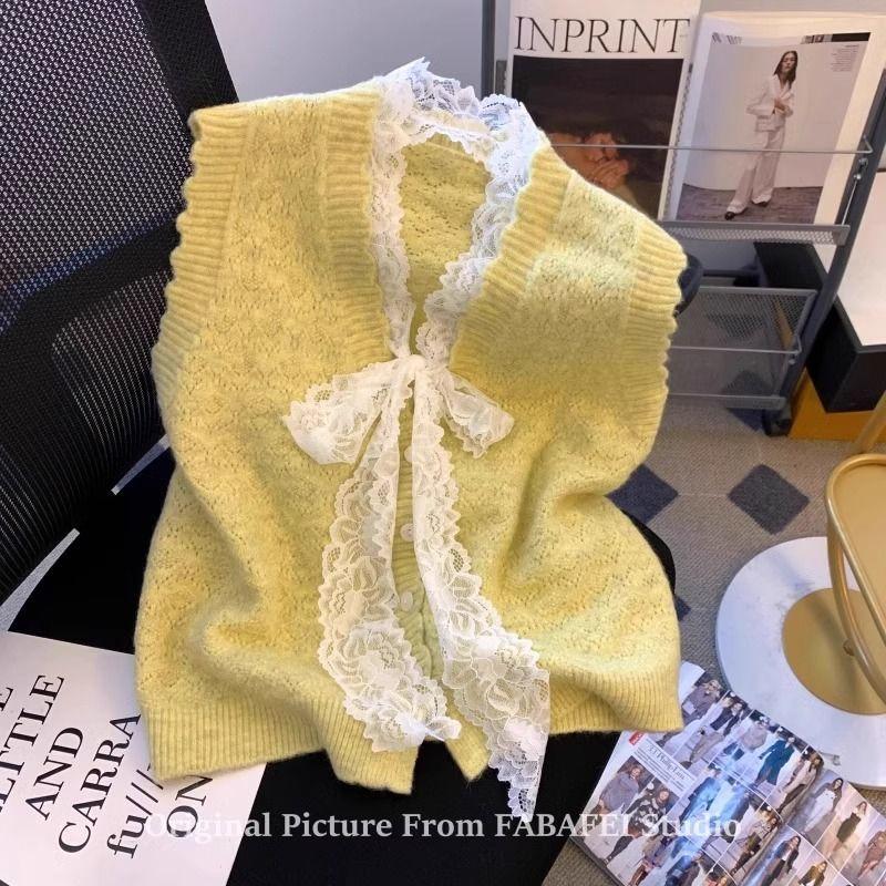 

Lace Bow Vest Knitted Cardigan Women s Fashion Spring Autumn Outerwear Sweater Vest M жовтий