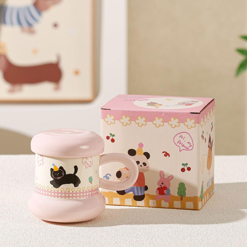 New Mug Cute Household Children's Drinking Cup with Lid Cartoon Underglaze Ceramic Milk Cup Breakfast Cup