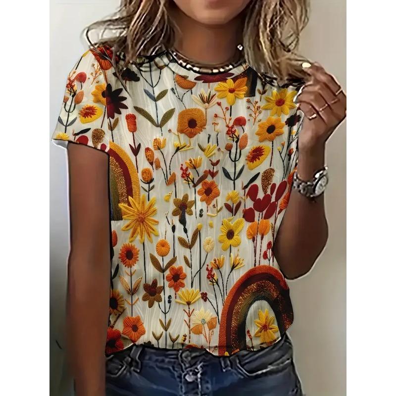 

Женская футболка большого размера с 3D-принтом с подсолнухами Элегантный повседневный топ с круглым вырезом и короткими рукавами 6XL