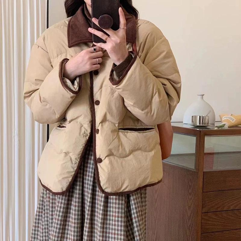 Prošívané kabáty Dámská korejská verze Manšestrová klopa Lehká teplá krátká bunda Podzim Zima Volnočasové bundy