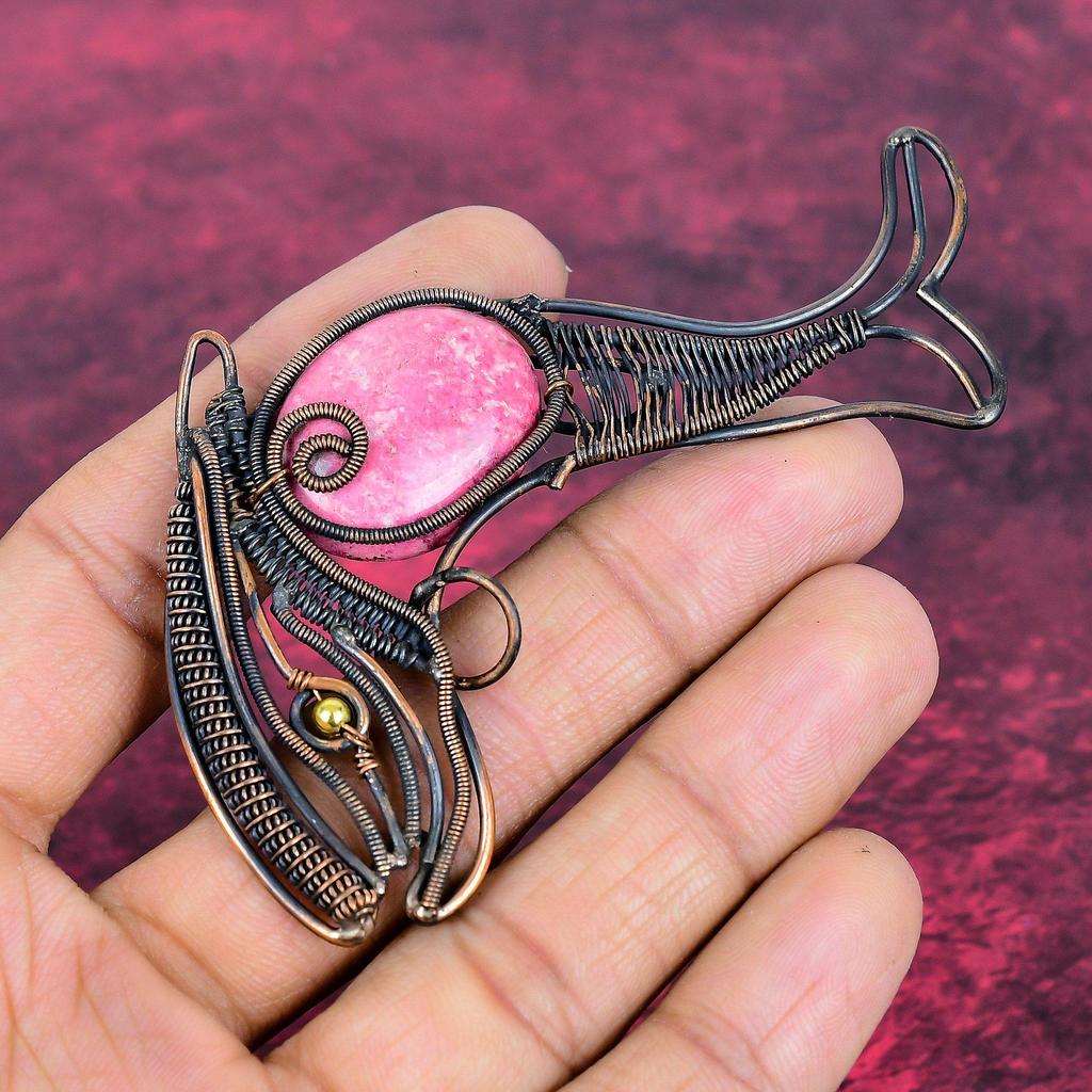 Thulite Real Gemstone Pendant Copper Wire Wrapped Handmade Jewelry Fish Pendant