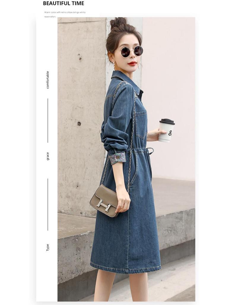 2024 Retro Chinese-Style Denim Shirt Dress for Women - Spring/Autumn A-line