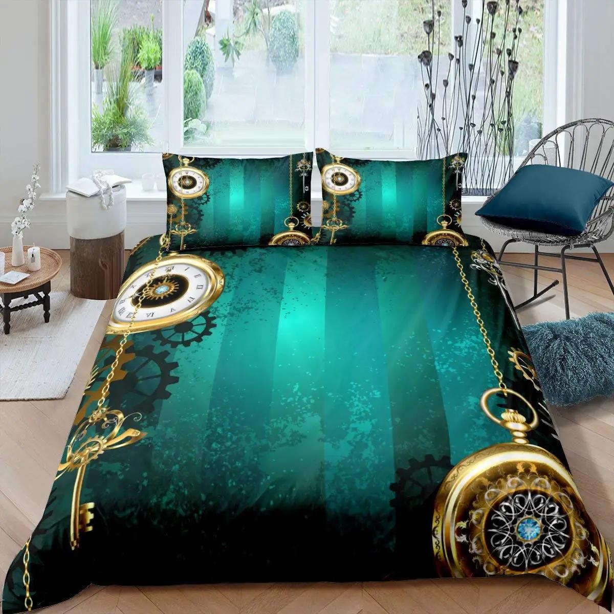 

Gear Soft Duvet Cover Set,Retro Golden Clock Warm Comforter Cover Set Ful Sized Dimensions Steampunk Style Comfortable Quilt Cover Mechanical Device 120*200cm Single
