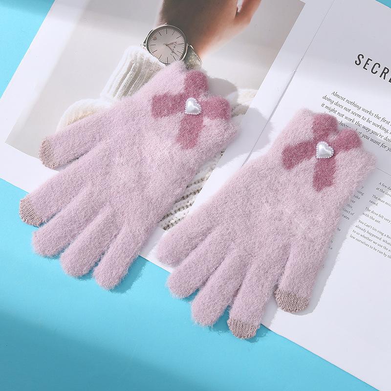[Solid color elegance] 2025 new knitted thermal gloves women's winter cute bow touch screen five fingers