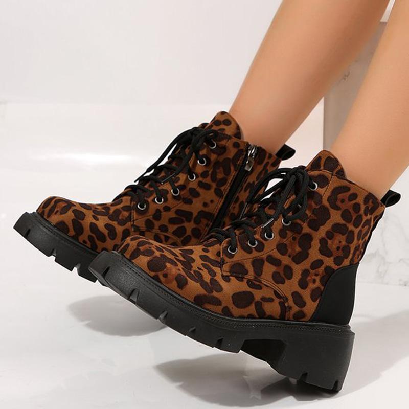 Y2K Leopard Faux Suede Boots for Women Vintage Square Heel Platform Ankle Boots Woman Autumn Zipper Up Booties Female