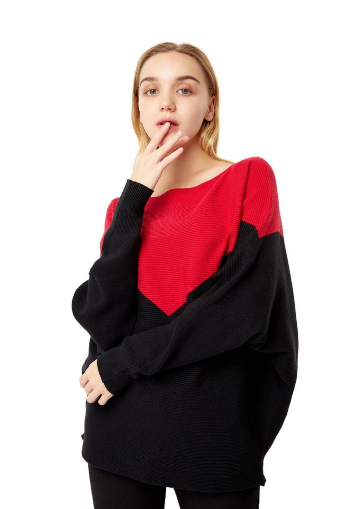 Off-the-Shoulder Women's Batwing Sweater – Plus Size Color Block Patchwork Pullover