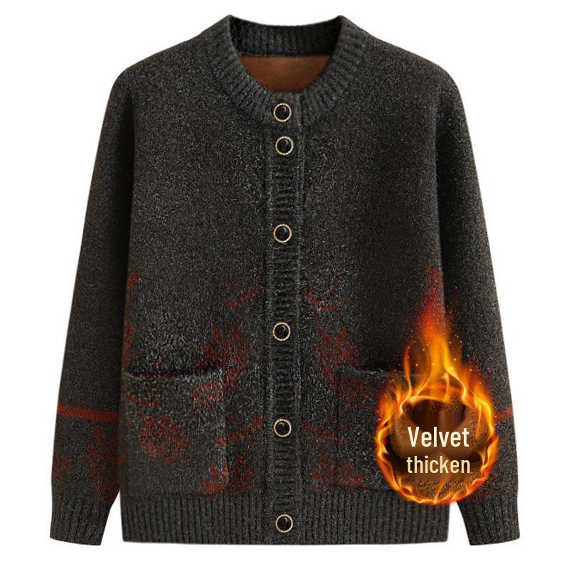 Warm Fleece-Lined Cardigan for Middle-Aged and Elderly Women - Spring/Autumn Style