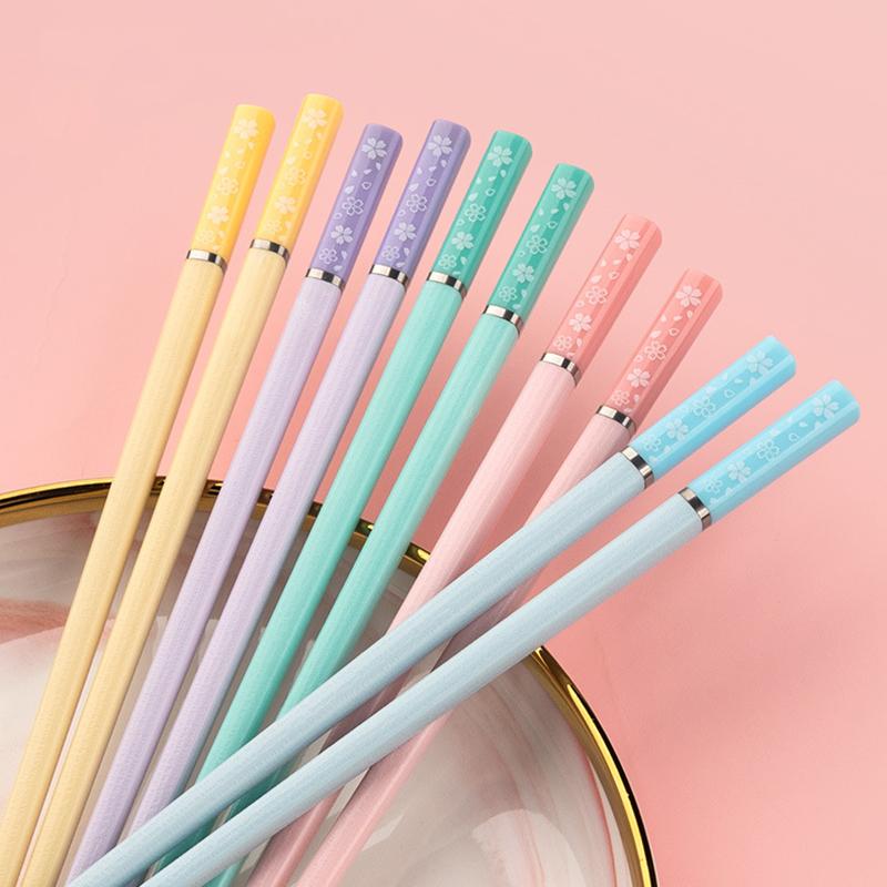 5 Paar japanische Essstäbchen in Bonbonfarben, Kirschdesign, rutschfest, wiederverwendbar, für Sushi, Lebensmittel, Essstäbchen, Geschirr, Küchenutensilien