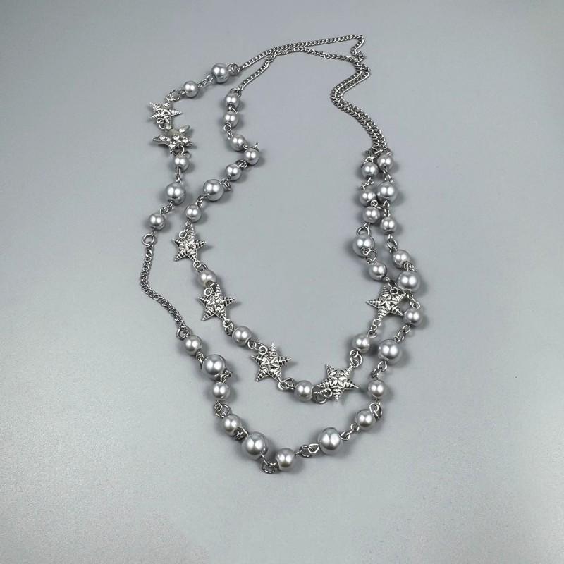 Long Star Pendant Pearl Beaded Necklace Women Layered Chain Boho Chic Minimalist Jewelry Accessory Long Star Pendant Pearl Beaded Necklace