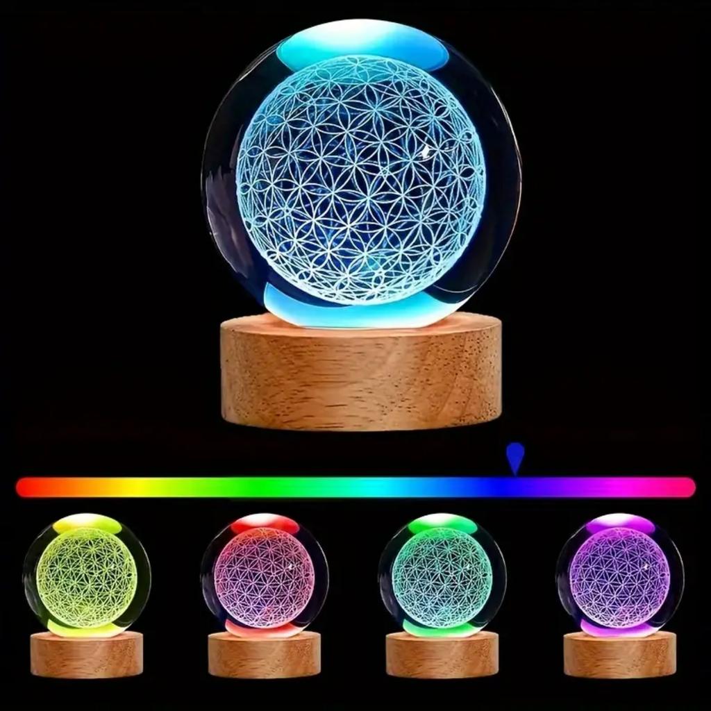 1pc,3D Flower of Life Crystal Ball with USB-powered Colorful Nightlights - The Perfect Holiday Gift for Family, Friends and Coll