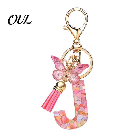 Kompaktes Schlüsselanhänger-Anhänger in Rosa-Serie, Pailletten Herz Initialen-Buchstaben-Anhänger Schlüsselkette mit tragbarem Schmetterlings-Quasten-Design, A-Z Halter für Tasche