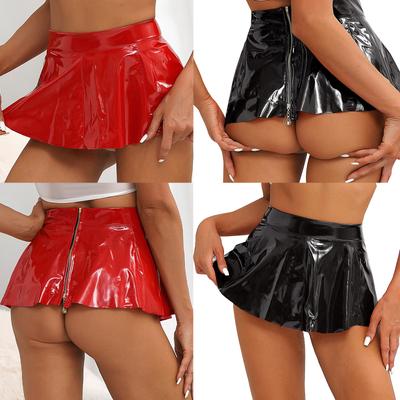 Womens Glossy Patent Leather Flared Mini Skirt Rave Party Skirts