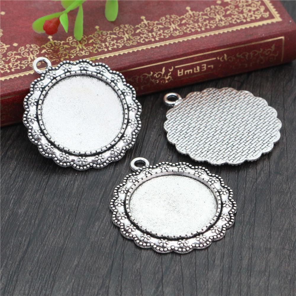 New Fashion 5pcs 25mm Inner Size Black Antique Silver Plated Bronze Flower Simple Style Cabochon Base Setting Charms Pendant