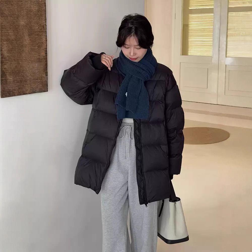 Crew neck down cotton-padded clothes women's medium and long models, new models, warm and fashionable simple cotton-padded clothes, cotton-padded jack