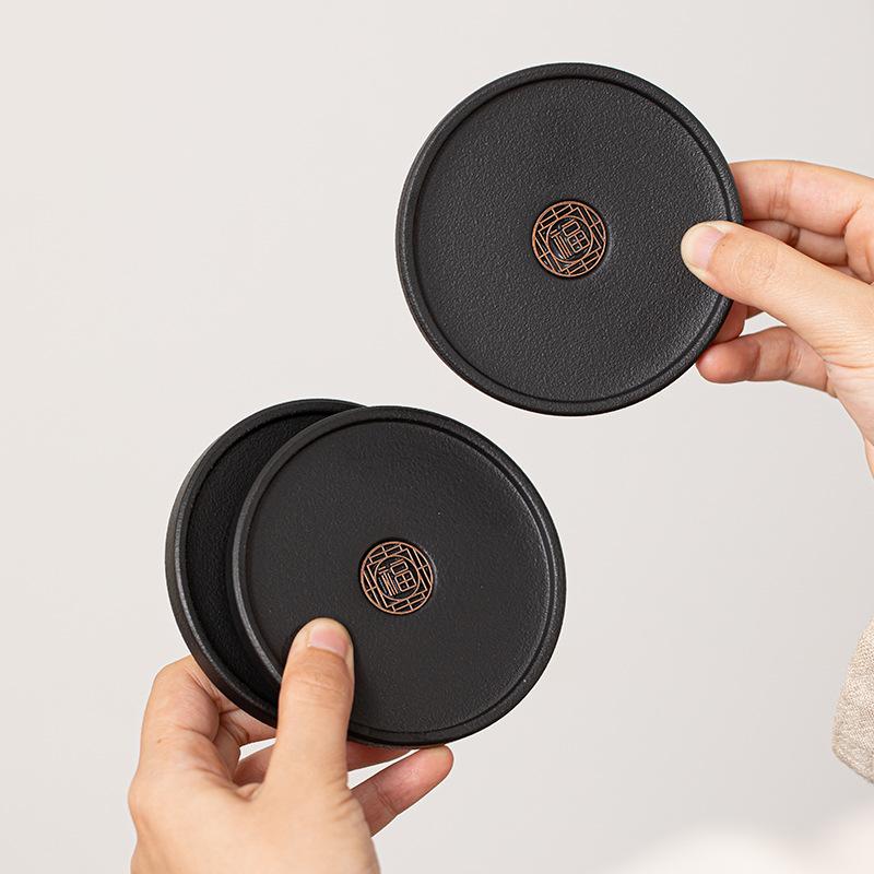 Black Pottery Fu Character Coaster Ceramic Teacup Pad Kung Fu Tea Set Accessories Anti-scalding and Heat Insulation Teacup Holder Retro