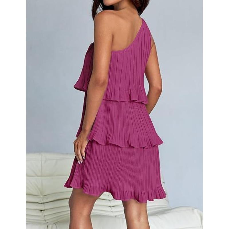 VEZFAA Women's Fashion Summer Spring Solid Color Print Sleeveless Oblique Collar High Waist Casual Dresses