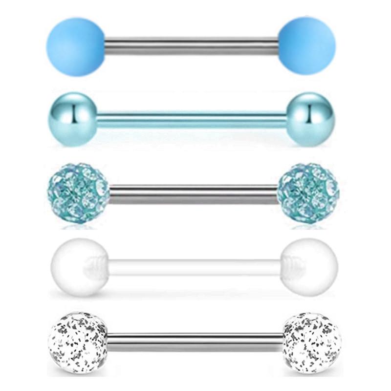 5PCS Acrylic Tongue Piercing Barbell Set Stainless Steel Glitter Tongue Rings Lot 14G Nipple Piercing Bar Bulk Piercing Langue