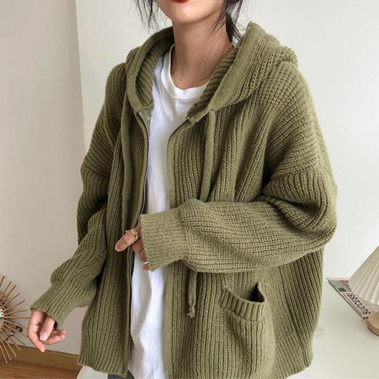 Loose Knitted Hooded Sweater Cardigan Coat Solid Color Womens Top